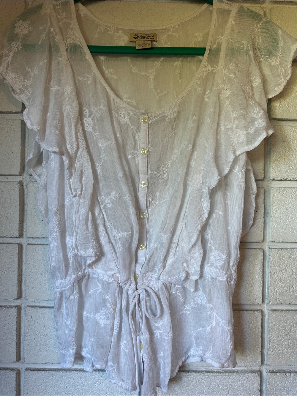 Lucky Brand White Floral Embroidered Tie-Waist Flutter Sleeve Blouse S RN80318